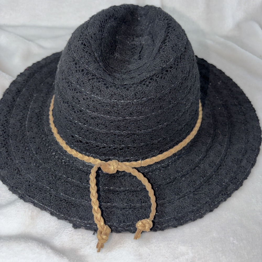 Jane And Berry Black Lace Fedora Sun Hat Boho Crochet Beach Braided Trim Coastal - Picture 3 of 7